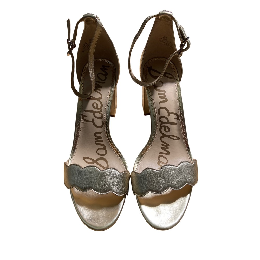 Sam Edelman Odila Gold Leather Scalloped Block Heel Sandals Womens 9.5 M